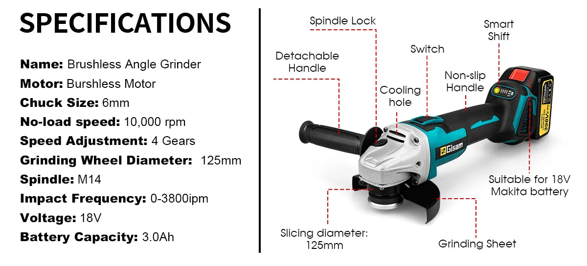 Makita 18V compatible Gisam 125mm M14 Brushless Angle Grinder Cutting Machine Cordless Electric Angle Grinder Power Tools for Makita 18V Battery Pins