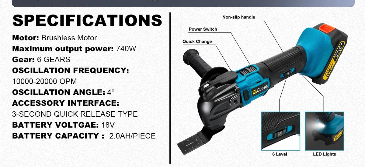 Makita Compatible 18V Gisam 20000OPM Brushless Oscillating Multi Tools Function Tool 6Gears Electric Saw Trimmer Shovel for Makita 18V Battery Pin