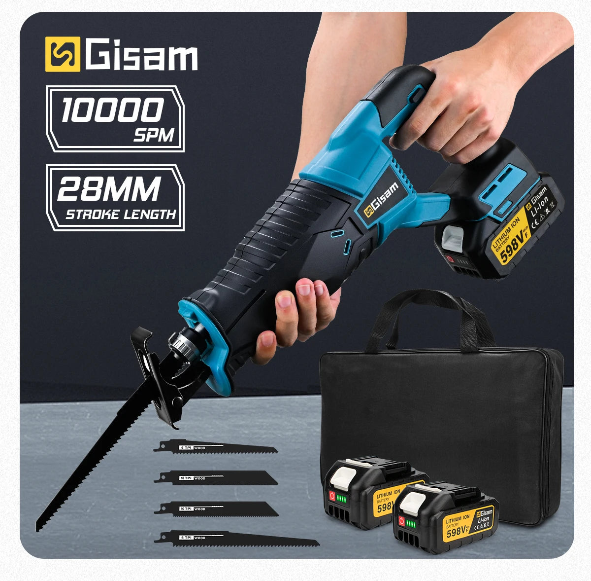 Makita Compatible 18V Gisam 3000W 10000SPM Electric Reciprocating Saw Electric Chainsaw Saber Saw Portable Cordless Tool For makita 18v battery pin