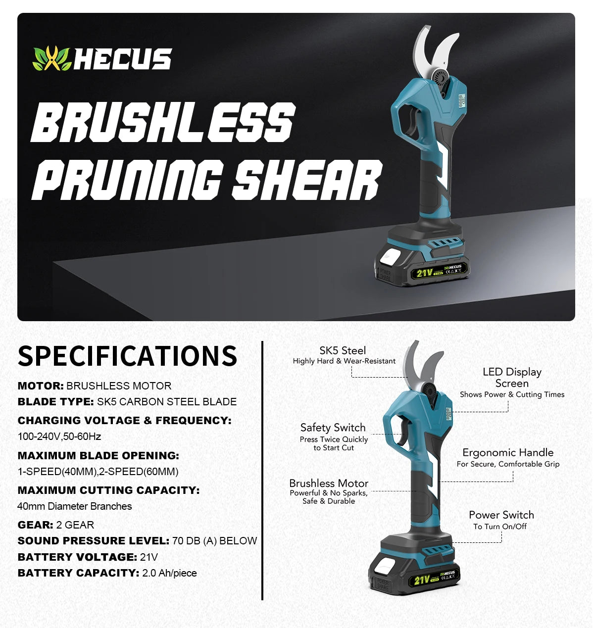 Makita Compatible 189V JV Gisam 40mm Brushless Electric Pruner Shear 2Gear Cordless Fruit Tree Bonsai Pruning Electric Scissors For Makita 18V Battery Pin