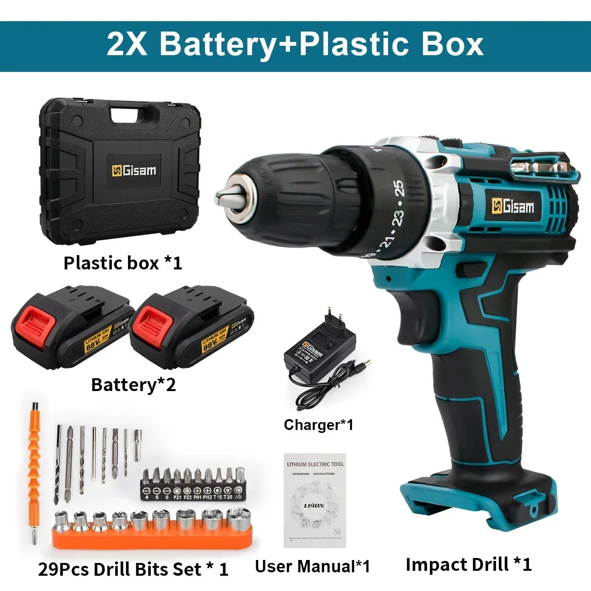 Makita Compatible 18V JV Gisam Cordless Impact Drill set with 2x batteries and charger Electric Screwdriver Rechargeable Handheld Hammer Drill Power Tool 25+3 Torque Driver Li-ion Battery
