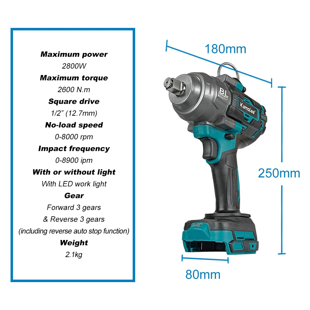 Kamolee 1/2 inch 2600NM Brushless 18v Impact Wrench