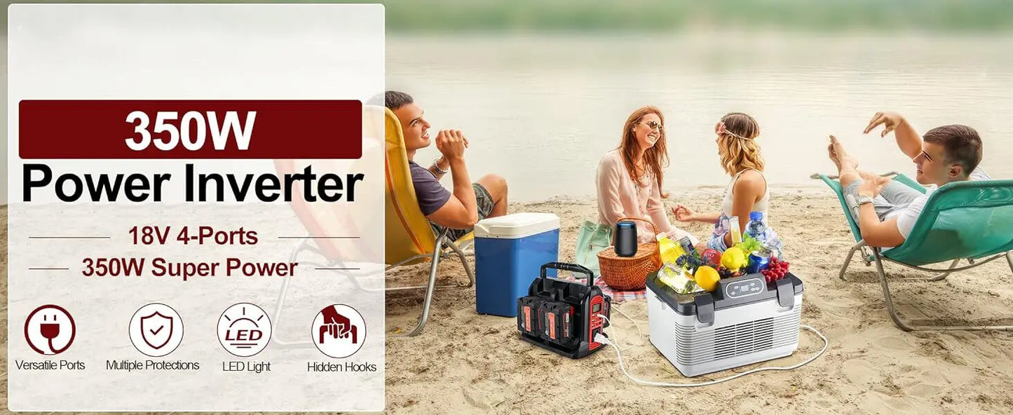 Milwaukee Compatible 18V JV 350W Power Supply Inverter For Milwaukee M18 18V Battery 4-Port to AC 110-120V/220-230V 300LM LED Light 4 USB Output for Outdoor