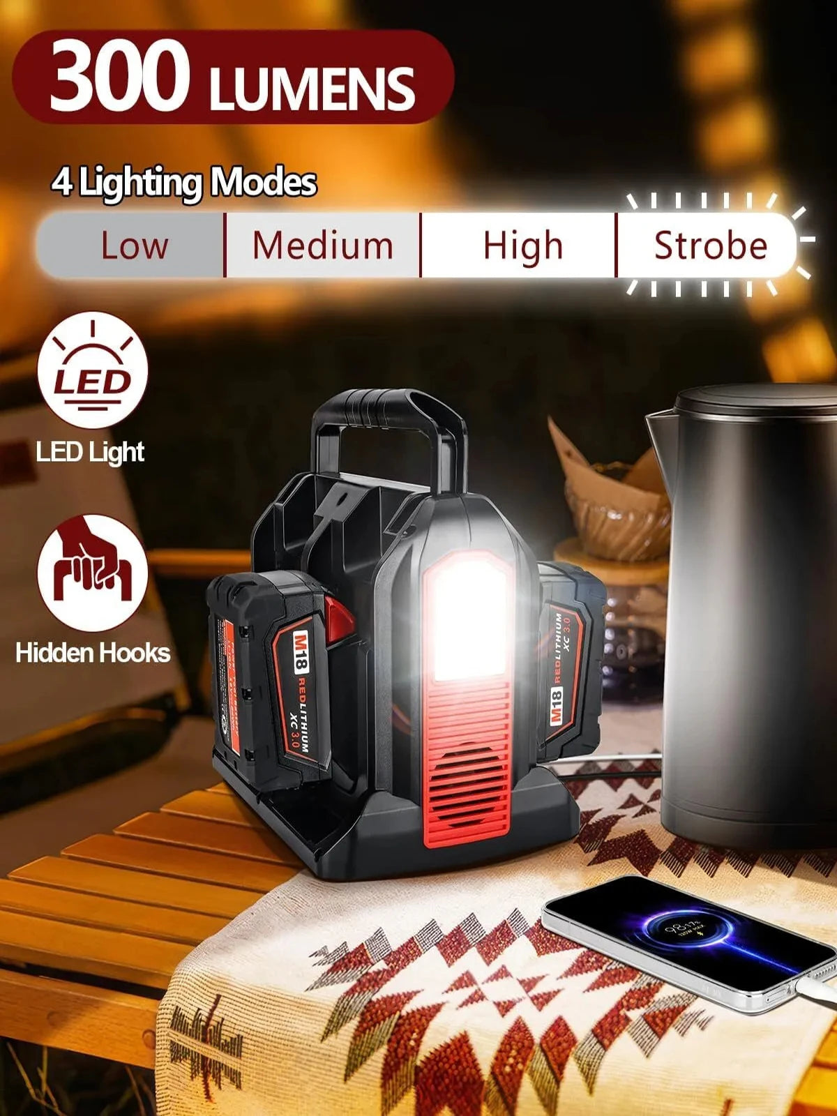 Milwaukee Compatible 18V JV 350W Power Supply Inverter For Milwaukee M18 18V Battery 4-Port to AC 110-120V/220-230V 300LM LED Light 4 USB Output for Outdoor