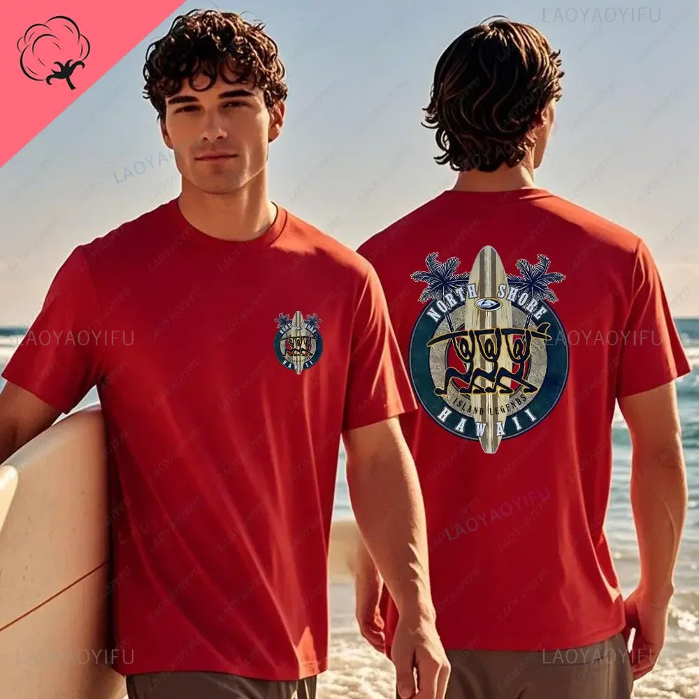 Hawaiian Traditions North Shore JV Printed Hawaii Surfing Men Women White High Qulaty Cotton T-shirt Comfortable Beach-style Surf Tee Tops