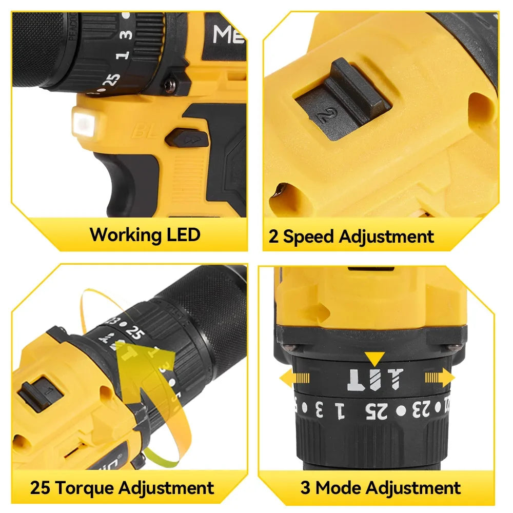 Makita Compatible 18V MELLWIN 13MM 25+3 Brushless Electric Hammer Drill Handheld Cordless Flat Drill Screwdriver Power Tools For Makita 18VBattery Pin