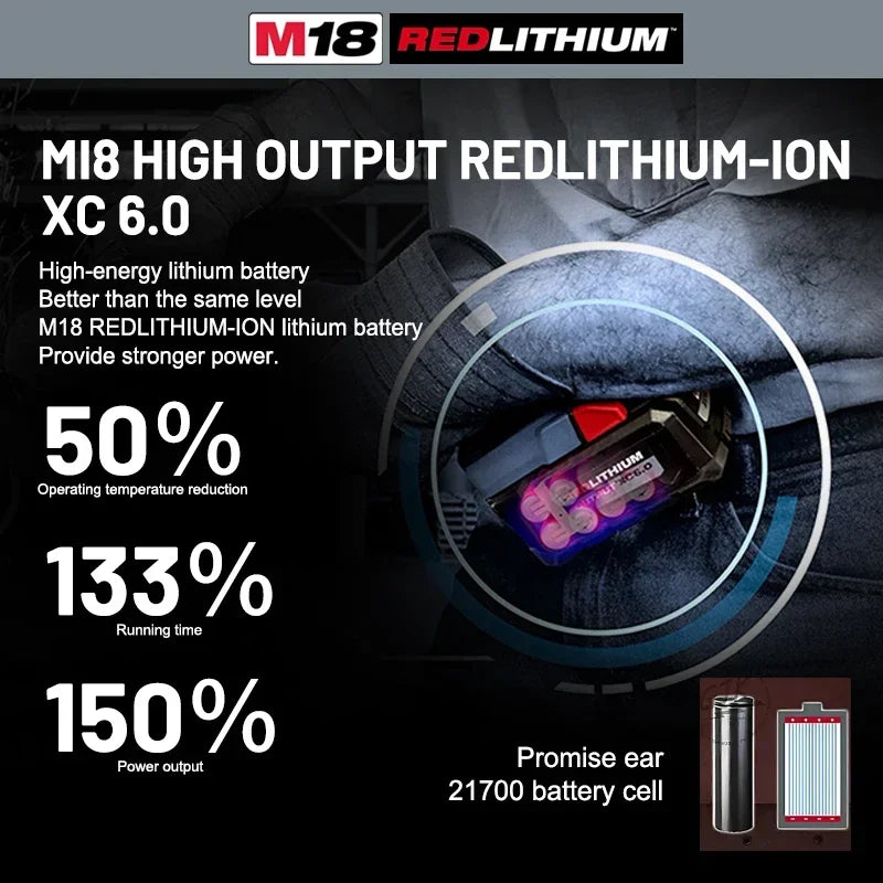 Milwaukee M18 6.0Ah Original 18V Rechargeable Li-ion Battery 18V 6.0Ah Long Cycle Life Replacement for M18B5 M18B6 Power Tools