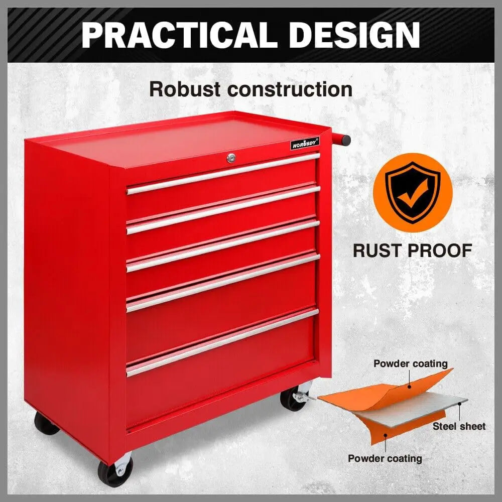 Tool Chest 5-Drawer Tool Cart, Lockable Storage Trolley Workshop Rolling Cabinet Tool Box Chest Organiser, 3" Swivel Wheels with Brake (Red