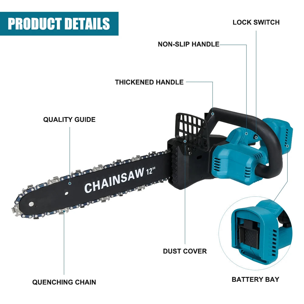 Makita Compatible JV 18V Cordless Electric Chainsaw 12 Inch  Brushless Motor Chainsaw Quiet Cutting Power for Tree Felling Storm Clean-Up Pruning