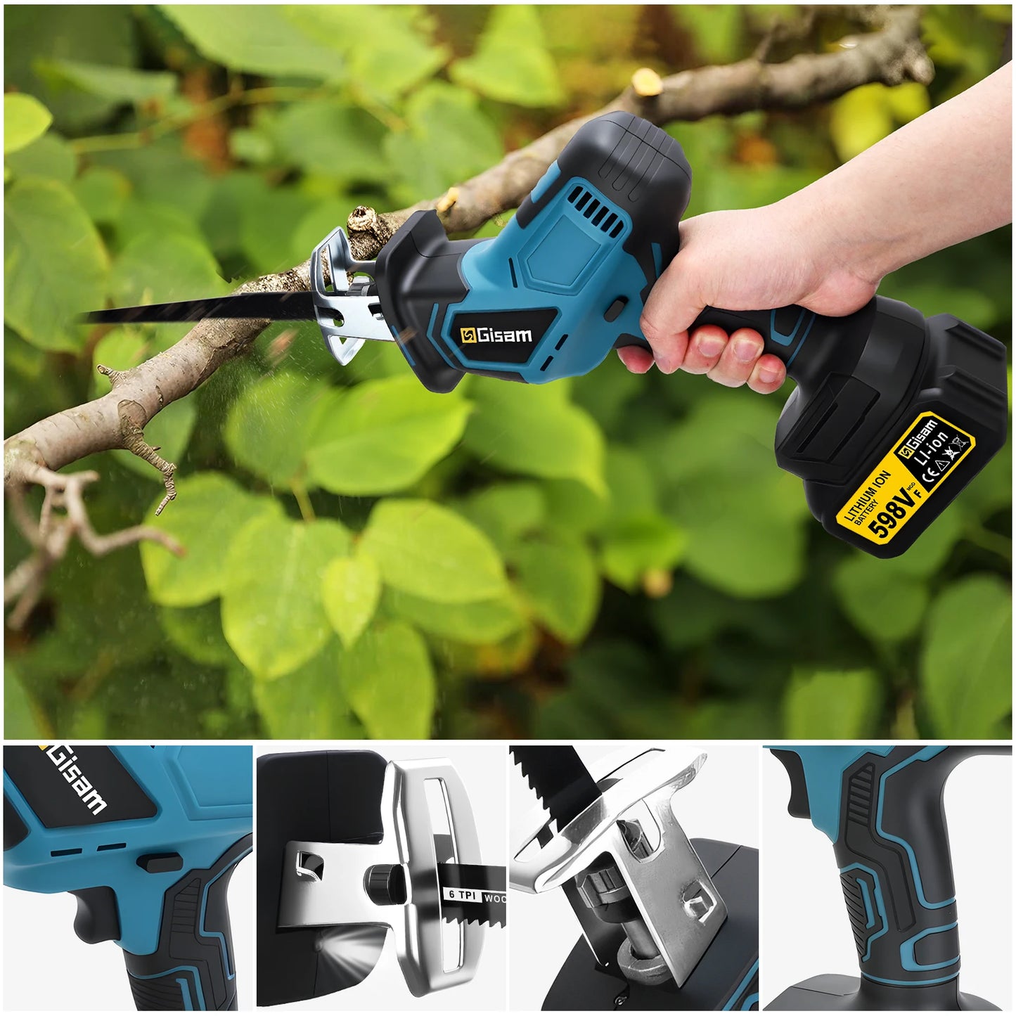 Makita Compatible 18V Gisam 12000Spm 3600W Brushless Reciprocating Saw Cordless Electric Chainsaw Wood Metal Cutting Tools For makita 18v battery pins