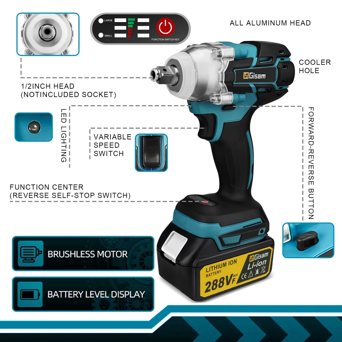 Makita 18V compatible Gisam 520N.M Brushless Electric Impact Wrench Cordless Electric Wrench 1/2inch for Makita 18V Battery Pin Screwdriver Power Tool