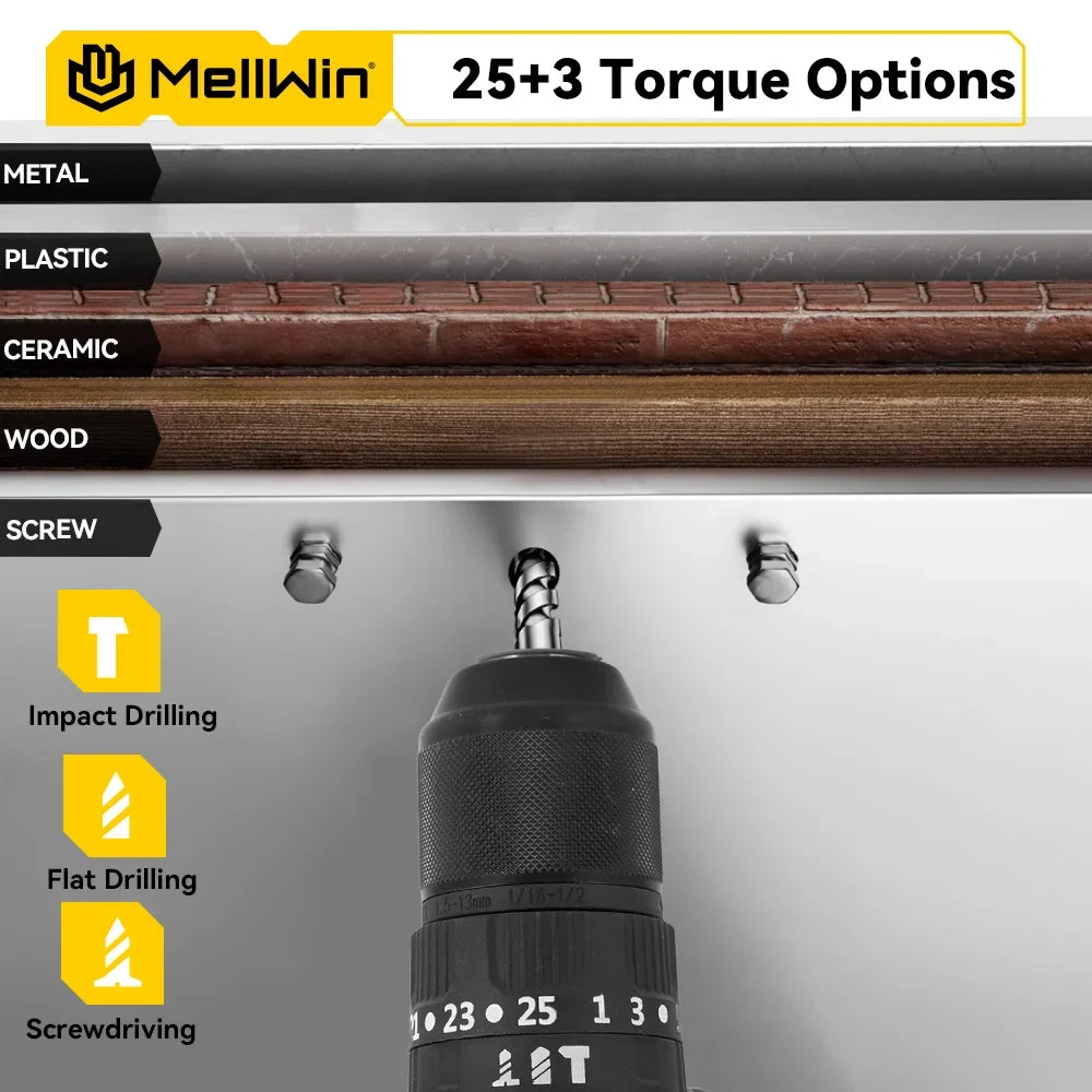 Makita Compatible 18V MELLWIN 13MM 25+3 Brushless Electric Hammer Drill Handheld Cordless Flat Drill Screwdriver Power Tools For Makita 18VBattery Pin