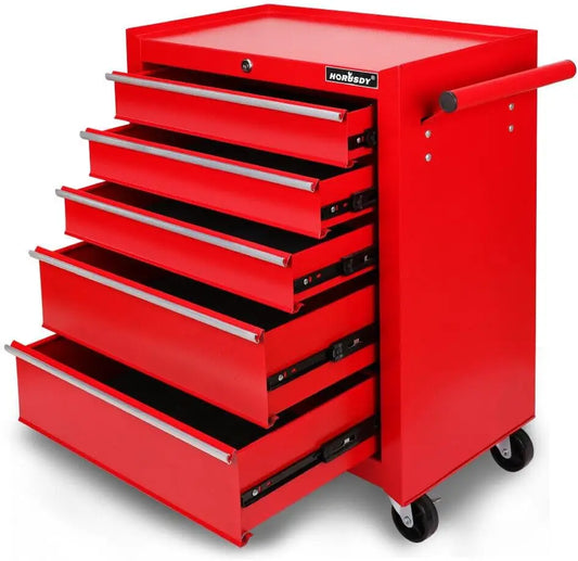 Tool Chest 5-Drawer Tool Cart, Lockable Storage Trolley Workshop Rolling Cabinet Tool Box Chest Organiser, 3" Swivel Wheels with Brake (Red