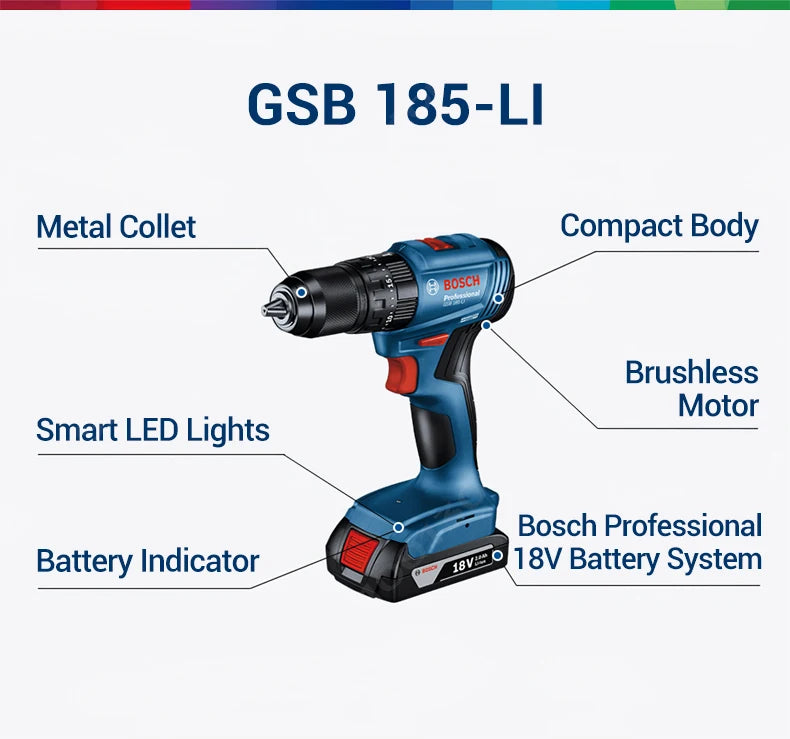 Bosch GSB 185-LI 18V Brushless Cordless Impact Drill 1900RPM Multifunctional Electric Screwdriver Power Tools Rotary Tool