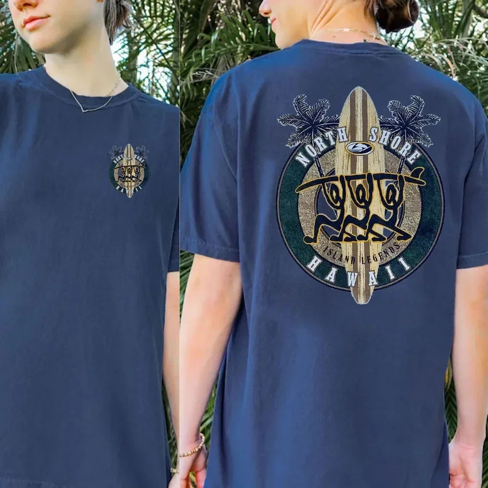 Hawaiian Traditions North Shore JV Printed Hawaii Surfing Men Women White High Qulaty Cotton T-shirt Comfortable Beach-style Surf Tee Tops