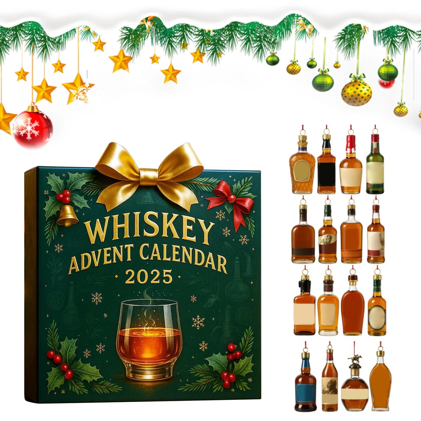 Advent Calendar JV with 24 Whiskey Ornament Christmas Calendars Christmas Countdown Calendar for Home/Office/Tree Xmas Decor