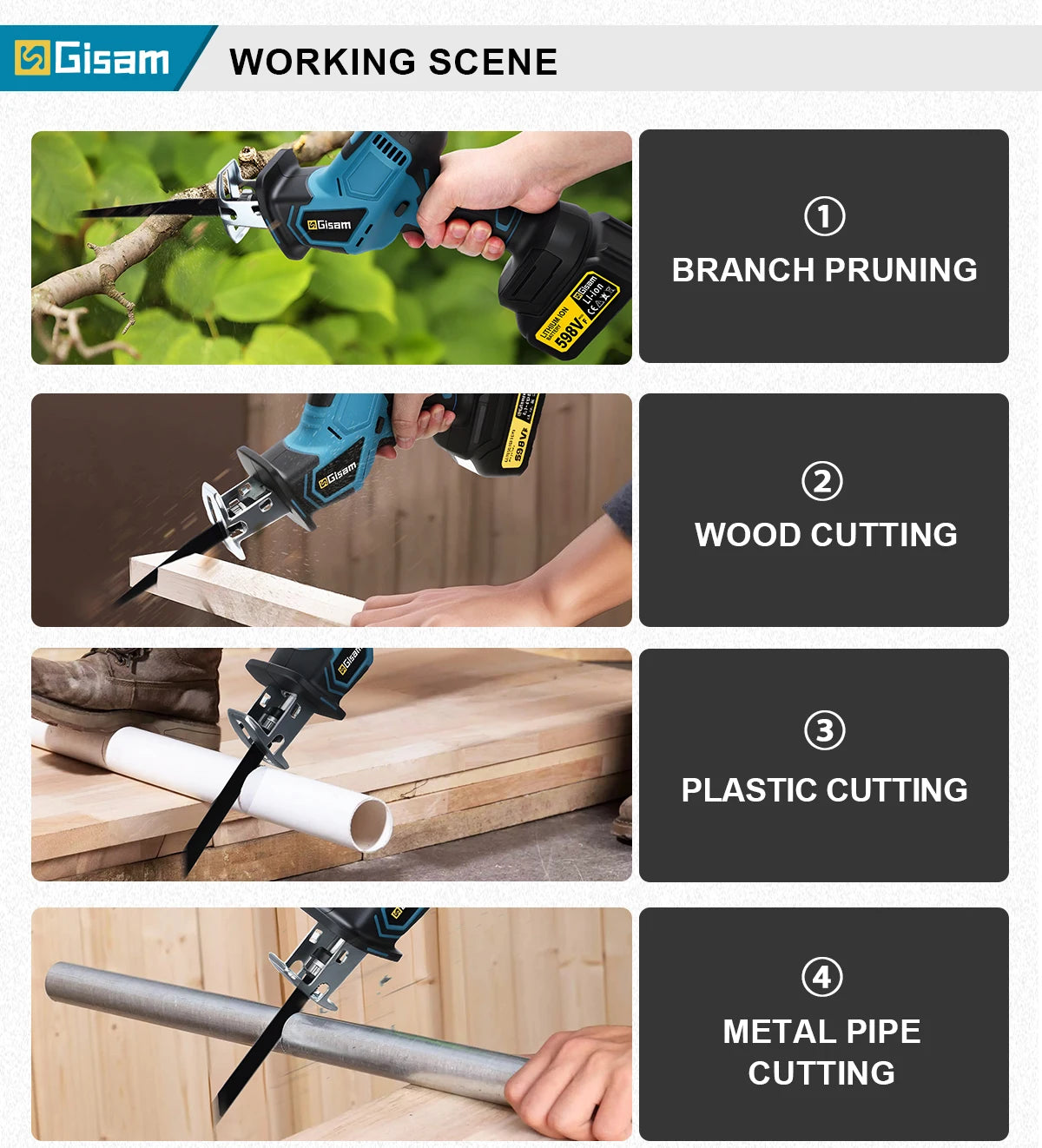 Makita Compatible 18V Gisam 12000Spm 3600W Brushless Reciprocating Saw Cordless Electric Chainsaw Wood Metal Cutting Tools For makita 18v battery pins