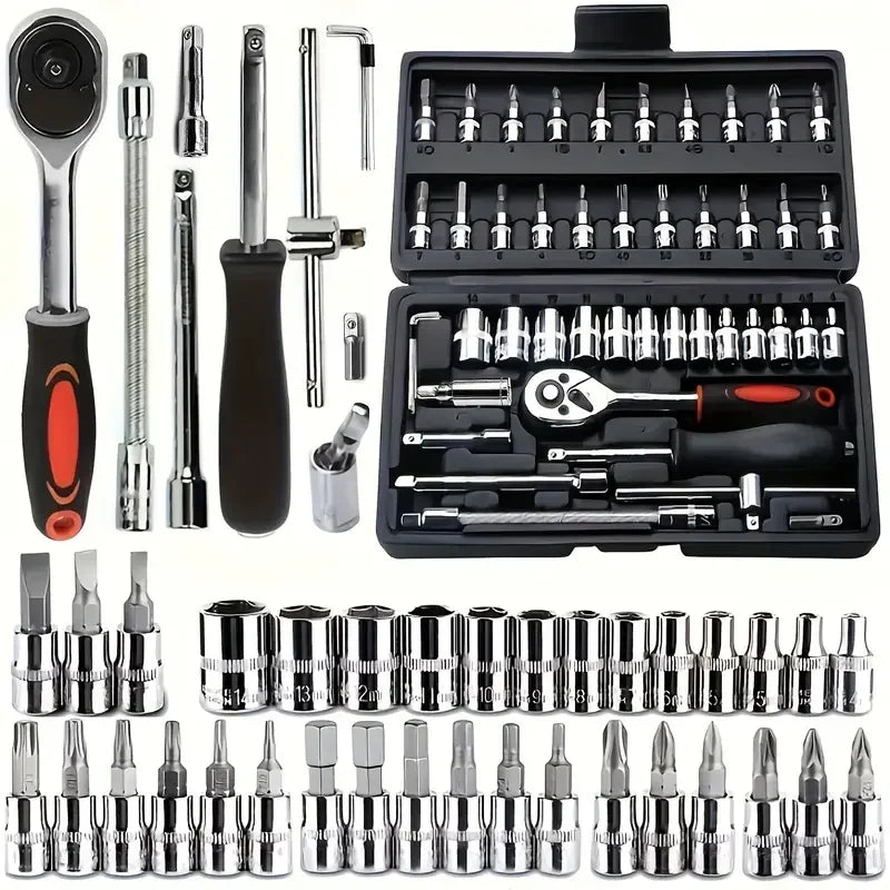 Socket set 46-piece set 1/4 ratchet wrench with hexagonal sleeve wrench set Automobile repair tool complete set Quick tool Quick repair