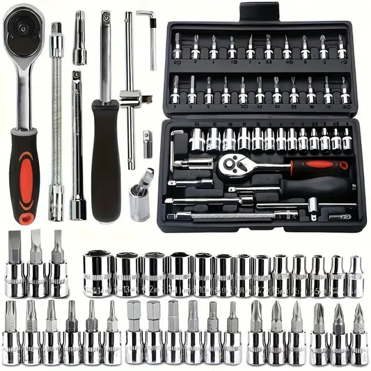 Socket set 46-piece set 1/4 ratchet wrench with hexagonal sleeve wrench set Automobile repair tool complete set Quick tool Quick repair