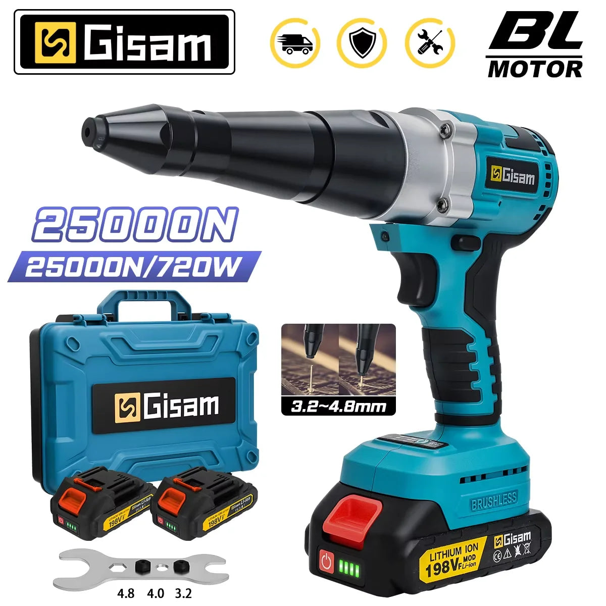 Makita compatible 18V Gisam 25000N Brushless 18V Electric Rivet Gun Cordless Rivet Nut Gun Drill Insert Automatic Riveting Tool For Makita 18V Battery Pin