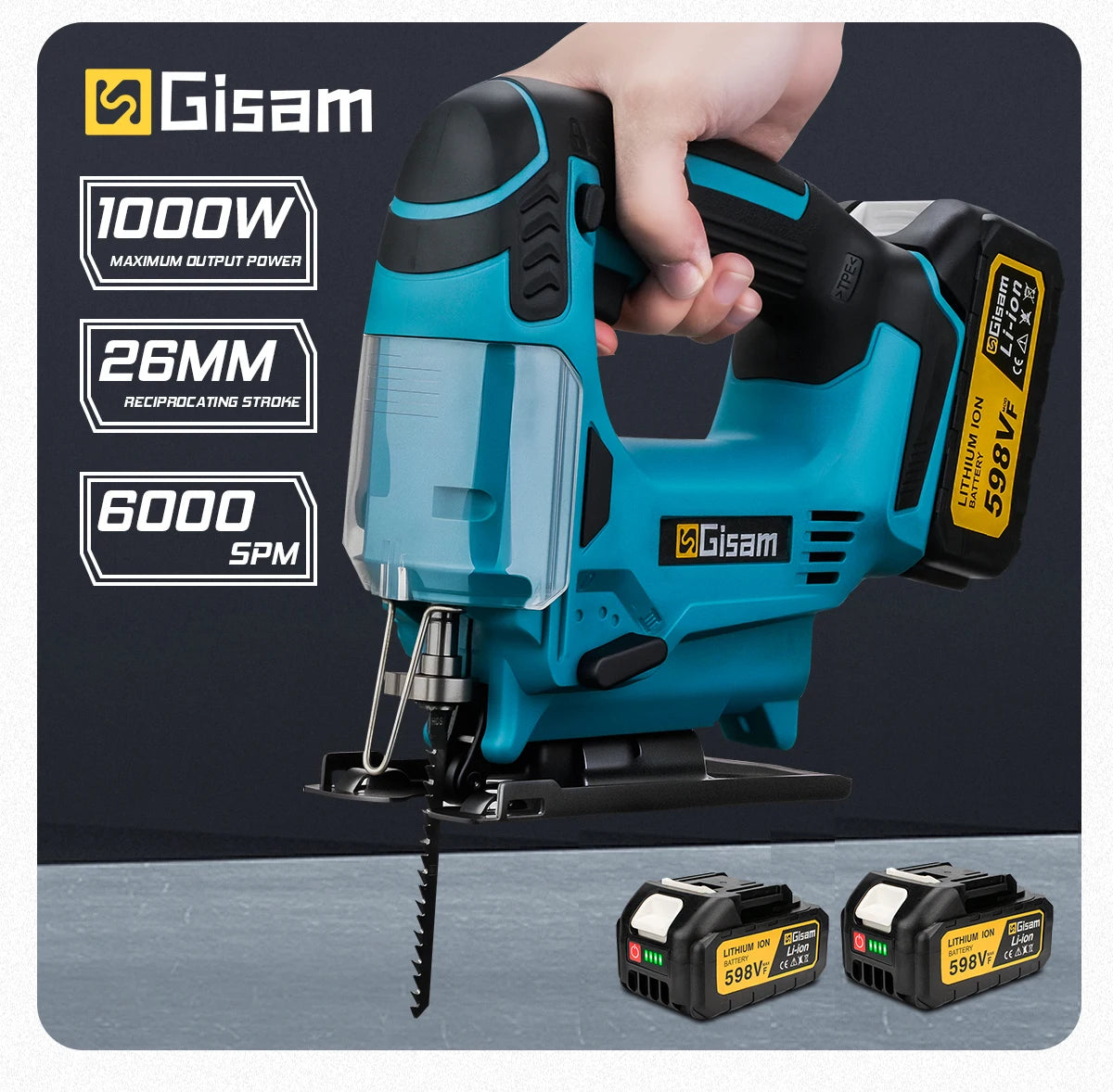 Makita Compatible 18V Gisam 26mm Electric Jigsaw Portable Cordless Saw Multi-Function Wood Cutting Woodworking Machines For Makita 18V Battery pin