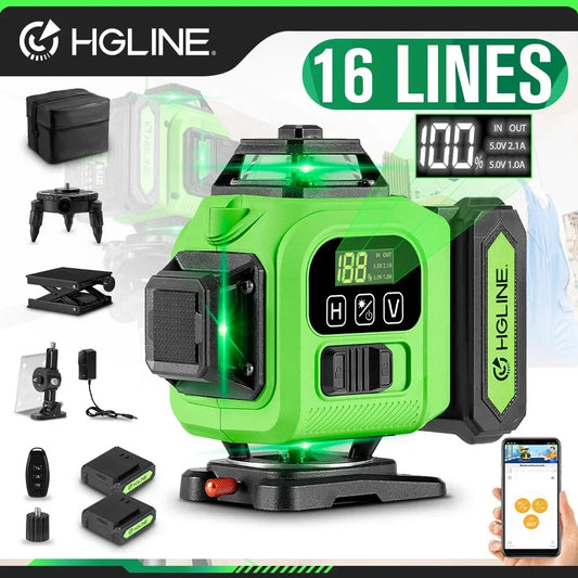 HGLINE JV 4D 16 Lines Professional Laser Level 4x360° Cross Horizontal Vertical Levels Machine APP Remote Control Laser Level Tool
