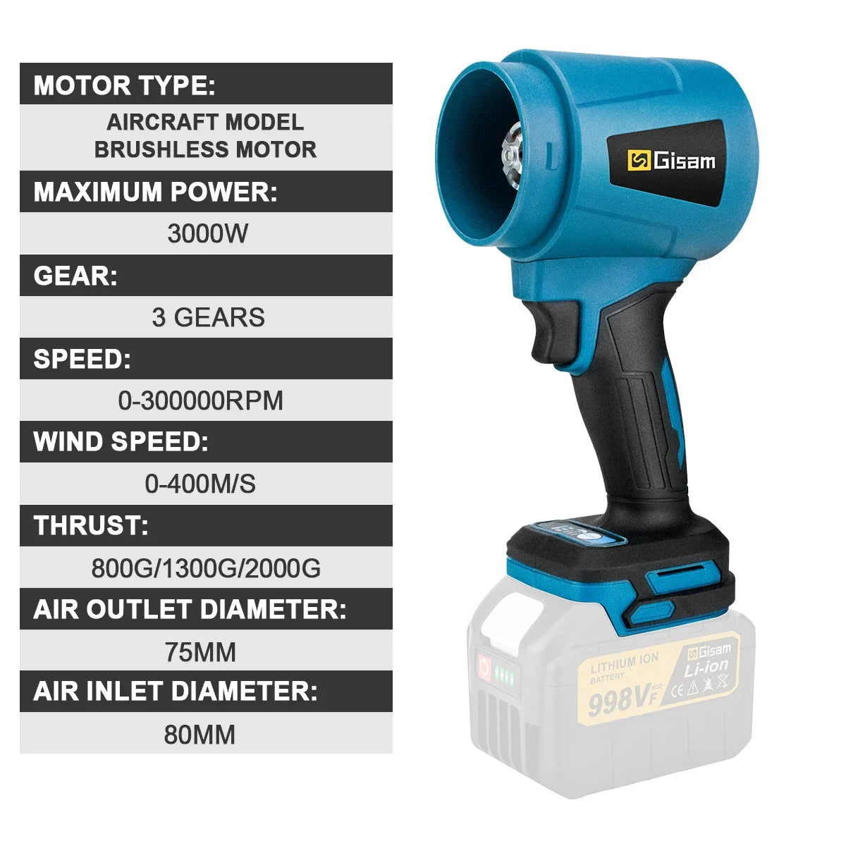 Makita Compatible 18V Gisam 300000RPM 400M/S Brushless Electric Turbo Blowers Jet Fan Handheld Leaf Blower Dust Blowing for Makita 18V Battery Pins