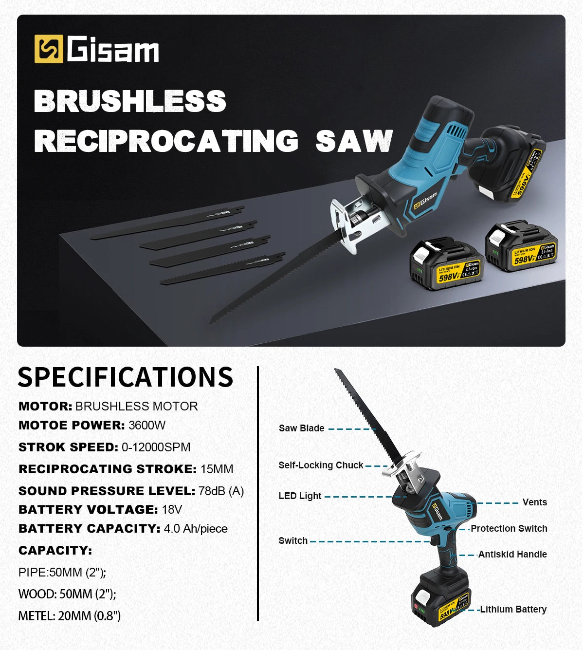 Makita Compatible 18V Gisam 12000Spm 3600W Brushless Reciprocating Saw Cordless Electric Chainsaw Wood Metal Cutting Tools For makita 18v battery pins
