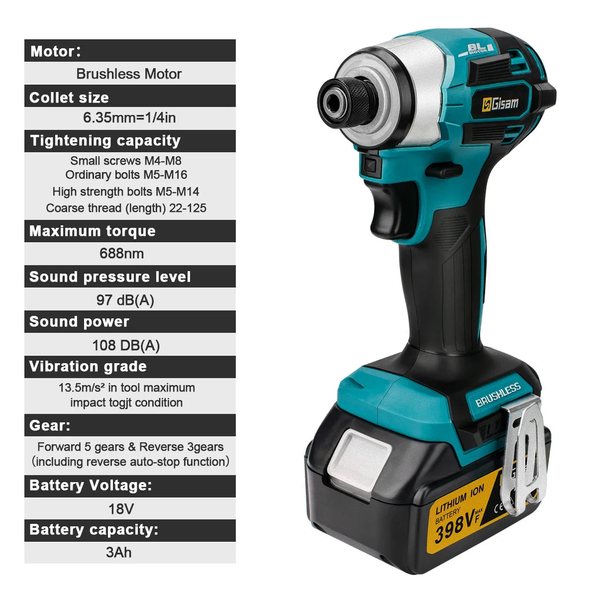 Makita 18V compatible Gisam 688N.m 1/4'' Brushless Electric Screwdriver Cordless Screwdriver Electric Drill Impact Driver Kit for Makita 18V Battery Pin