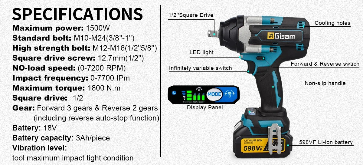 Makita 18V compatible Gisam 1800N.M Torque Brushless Electric Impact Wrench 1/2 inch Screwdriver Cordless Wrench Power Tool For Makita 18V Battery pin