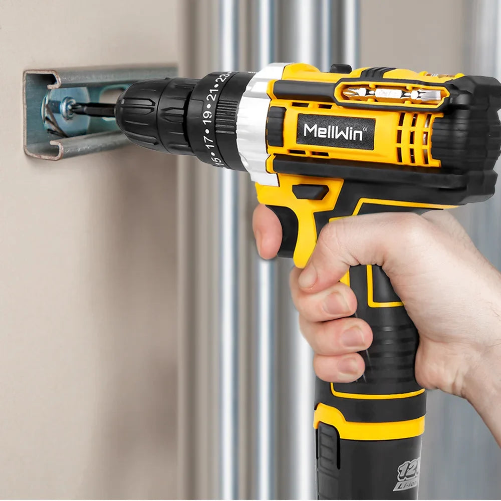 MELLWIN 25+3 Torque Electric Drill 12V Cordless Drill Electric Screwdriver 2 Gear Speed Adjustable Mini Electric Driver Tool Set
