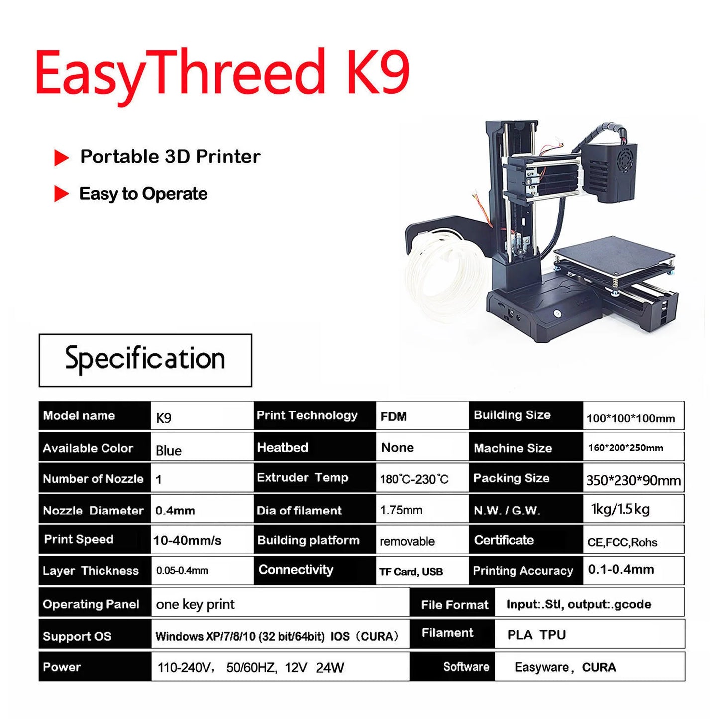 EasyThreed JV K9 Mini 3D Printer Easy to Use Entry Level  Gift 3D Printer FDM TPU PLA Filament 1.75mm Black