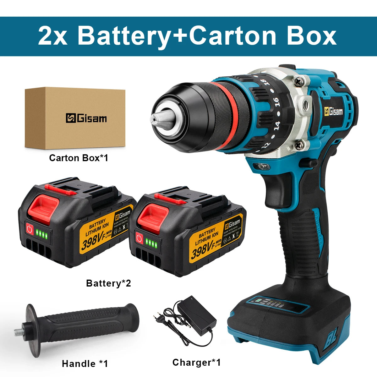 Makita Compatible 18V Gisam 13mm 480N.M Brushless Electric Impact Drill Cordless Drill Electric Screwdriver DIY Driver Power Tool for Makita 18V Battery Pin