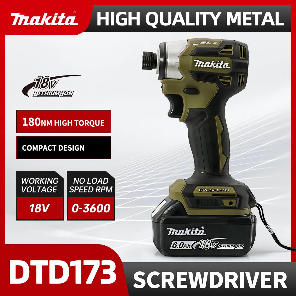 Makita 18V DTD173 Brushless Drill Green Electric Power Tool for Home Improvement DIY 180Nm Torque for Wood Bolts T-Mode