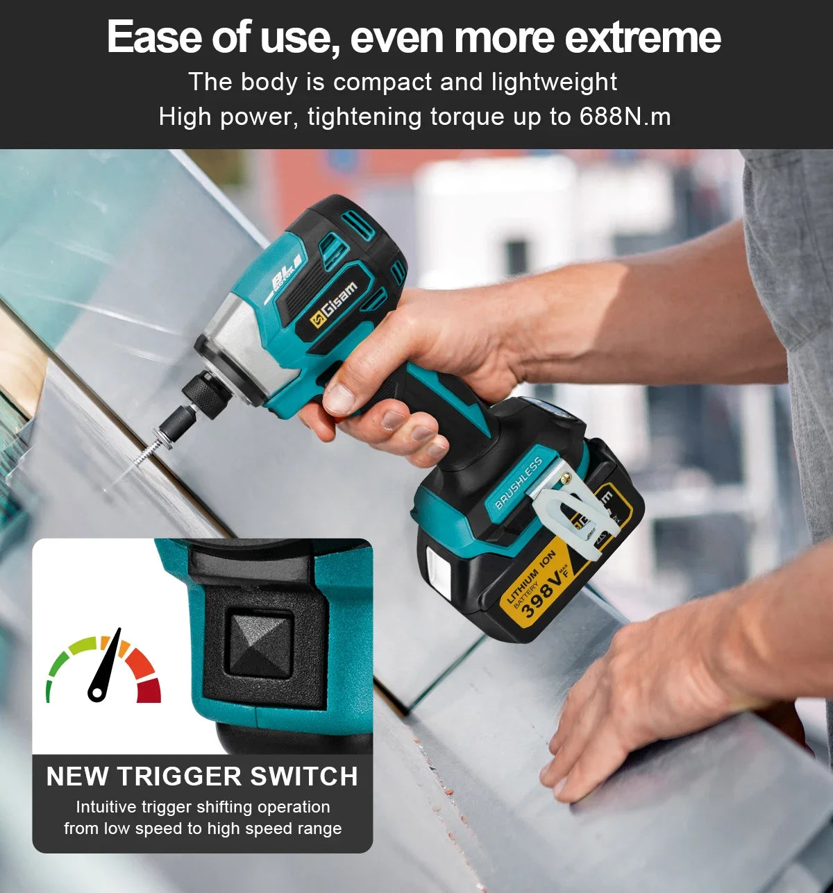 Makita 18V compatible Gisam 688N.m 1/4'' Brushless Electric Screwdriver Cordless Screwdriver Electric Drill Impact Driver Kit for Makita 18V Battery Pin