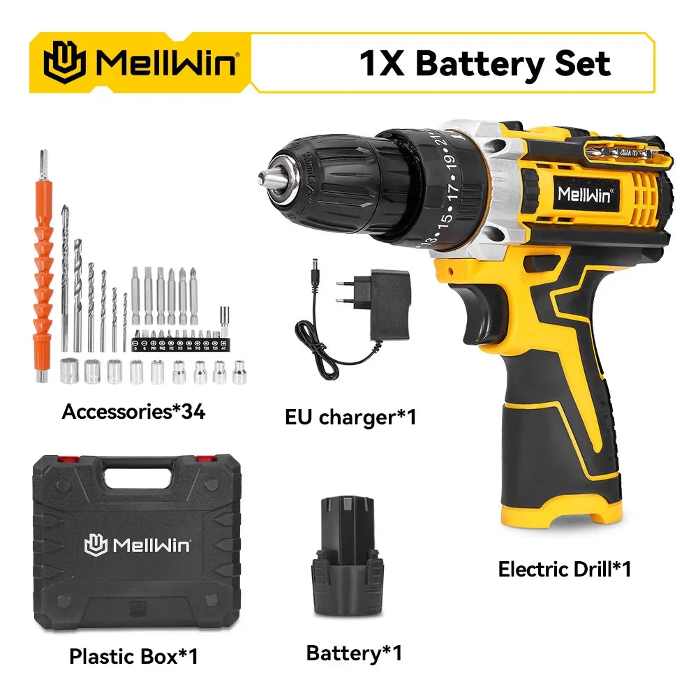 MELLWIN 25+3 Torque Electric Drill 12V Cordless Drill Electric Screwdriver 2 Gear Speed Adjustable Mini Electric Driver Tool Set