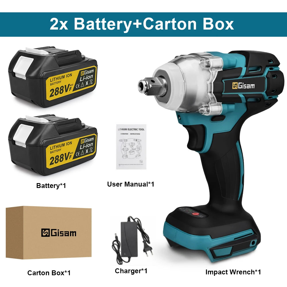 Makita 18V compatible Gisam 520N.M Brushless Electric Impact Wrench Cordless Electric Wrench 1/2inch for Makita 18V Battery Pin Screwdriver Power Tool