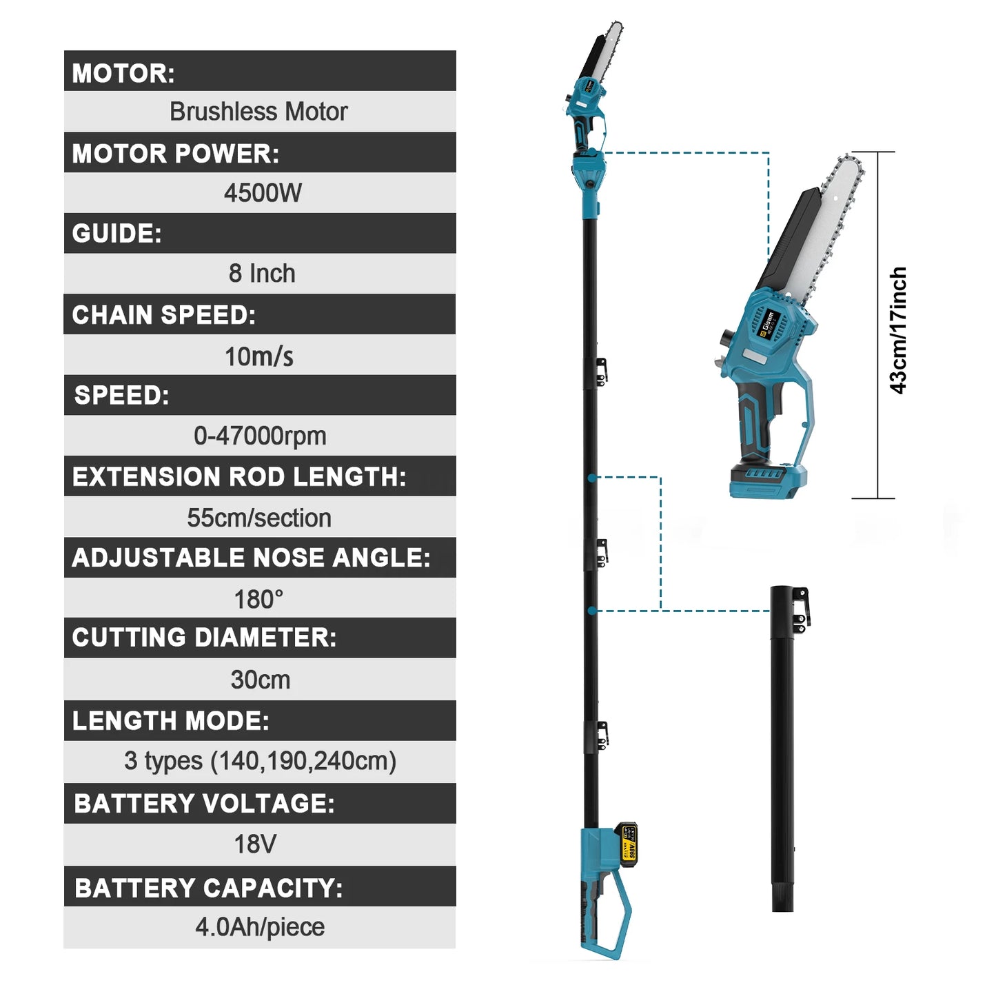 Makita 18V compatible Gisam 8Inch Brushless Telescoping Pole Electric Chainsaw High Branch Saw Garden Pruning Power Tool For Makita 18V Battery Pin