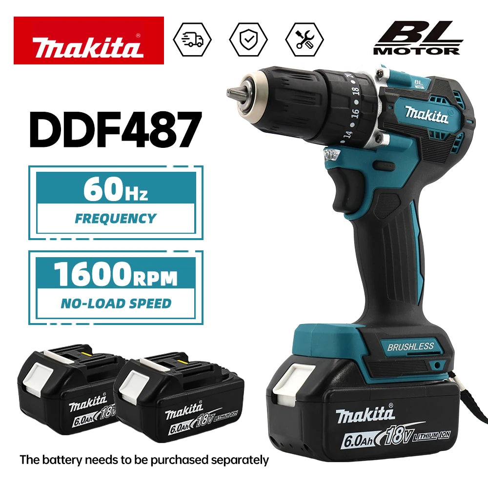 Makita DDF487 18V 10mm Brushless Handheld Electric Screwdriver 18V Lithium Battery Variable Speed for Household Appliance  Tool