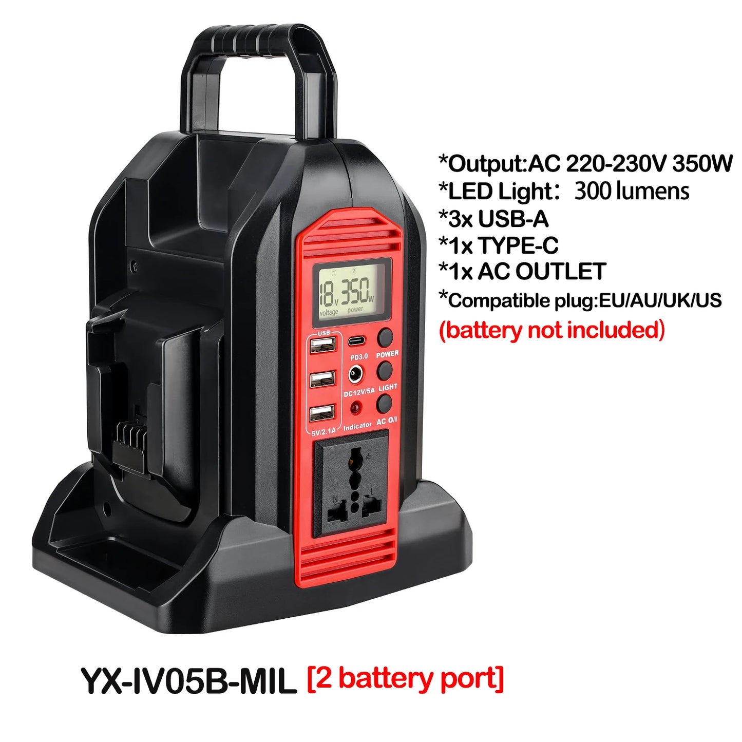 Milwaukee Compatible 18V JV 350W Power Supply Inverter For Milwaukee M18 18V Battery 4-Port to AC 110-120V/220-230V 300LM LED Light 4 USB Output for Outdoor