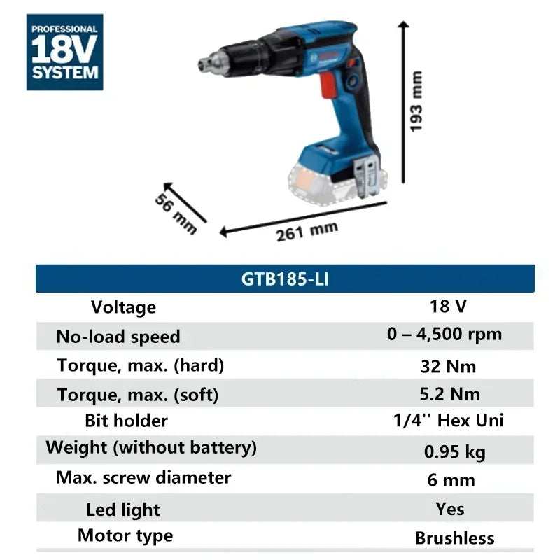 BOSCH GTB 185-LI Drywall Screw Screwdriver Bare Tool Professionl 18V Brushless Cordless Staple Guns BOSCH Power Tool GTB185-LI