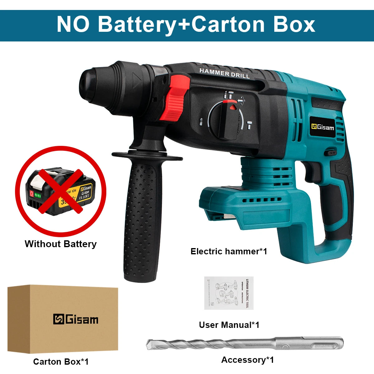 Makita Compatible 18V Gisam 26MM Brushless Electric Hammer Drill Multifunctional Cordless Rotary Hammer Impact Drill Tool For Makita 18V Battery Pin