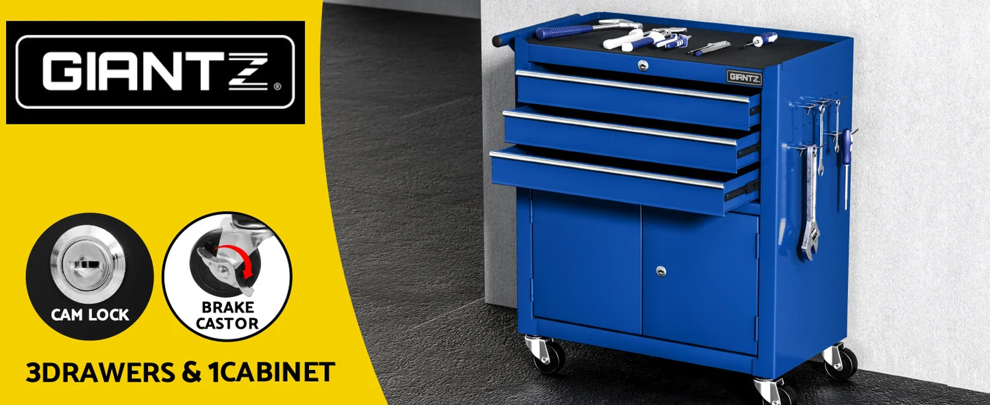 3 Drawers Large Tool Chest Trolley, Lockable Tool Box Tools Storage Box Cabinet Cart Garage Ute Organiser Boxes, 100kg Capacity