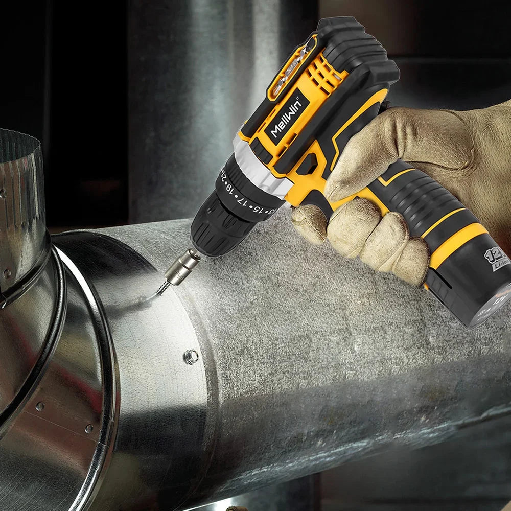 MELLWIN 25+3 Torque Electric Drill 12V Cordless Drill Electric Screwdriver 2 Gear Speed Adjustable Mini Electric Driver Tool Set