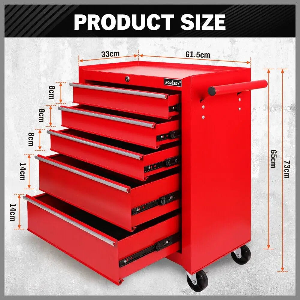 Tool Chest 5-Drawer Tool Cart, Lockable Storage Trolley Workshop Rolling Cabinet Tool Box Chest Organiser, 3" Swivel Wheels with Brake (Red