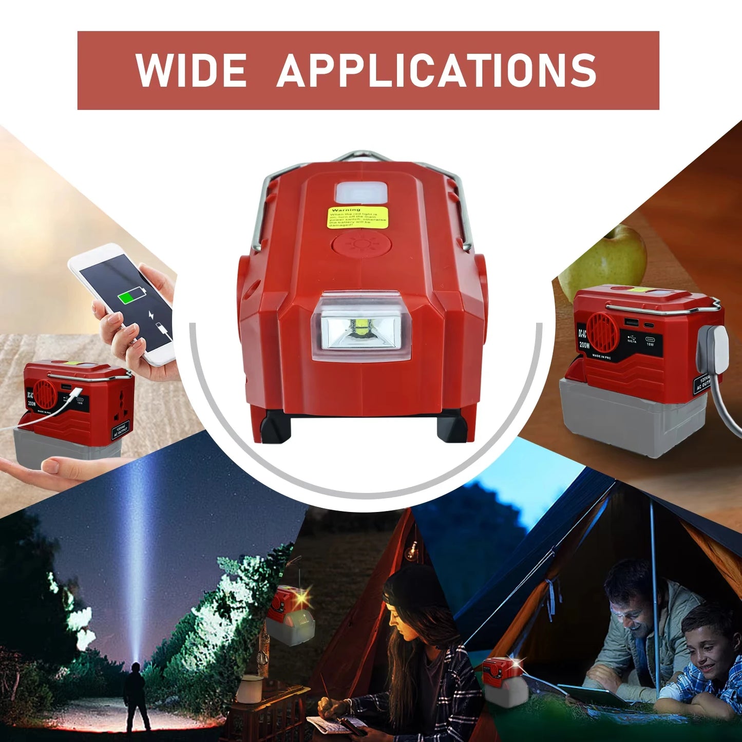 Milwaukee Compatible 18V JV 350W Power Supply Inverter For Milwaukee M18 18V Battery 4-Port to AC 110-120V/220-230V 300LM LED Light 4 USB Output for Outdoor