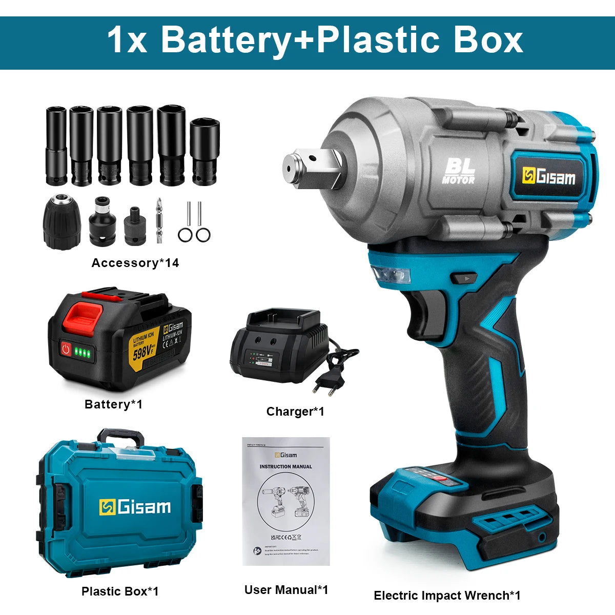 Makita 18V Compatible Gisam 2000N.M Torque Brushless Electric Impact Wrench 1/2 inch Screwdriver Cordless Wrench Power Tool For Makita 18V Battery Pin