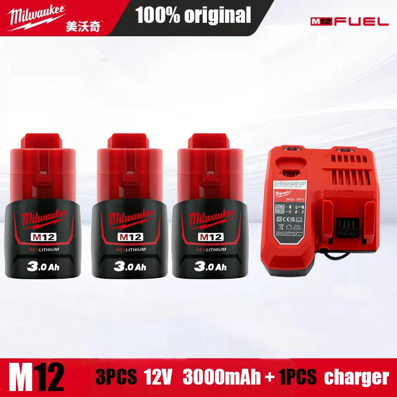 Milwaukee Original m12 battery 12V 3AH - 1Pk, 2Pk, 3Pk, 4Pk and charger options