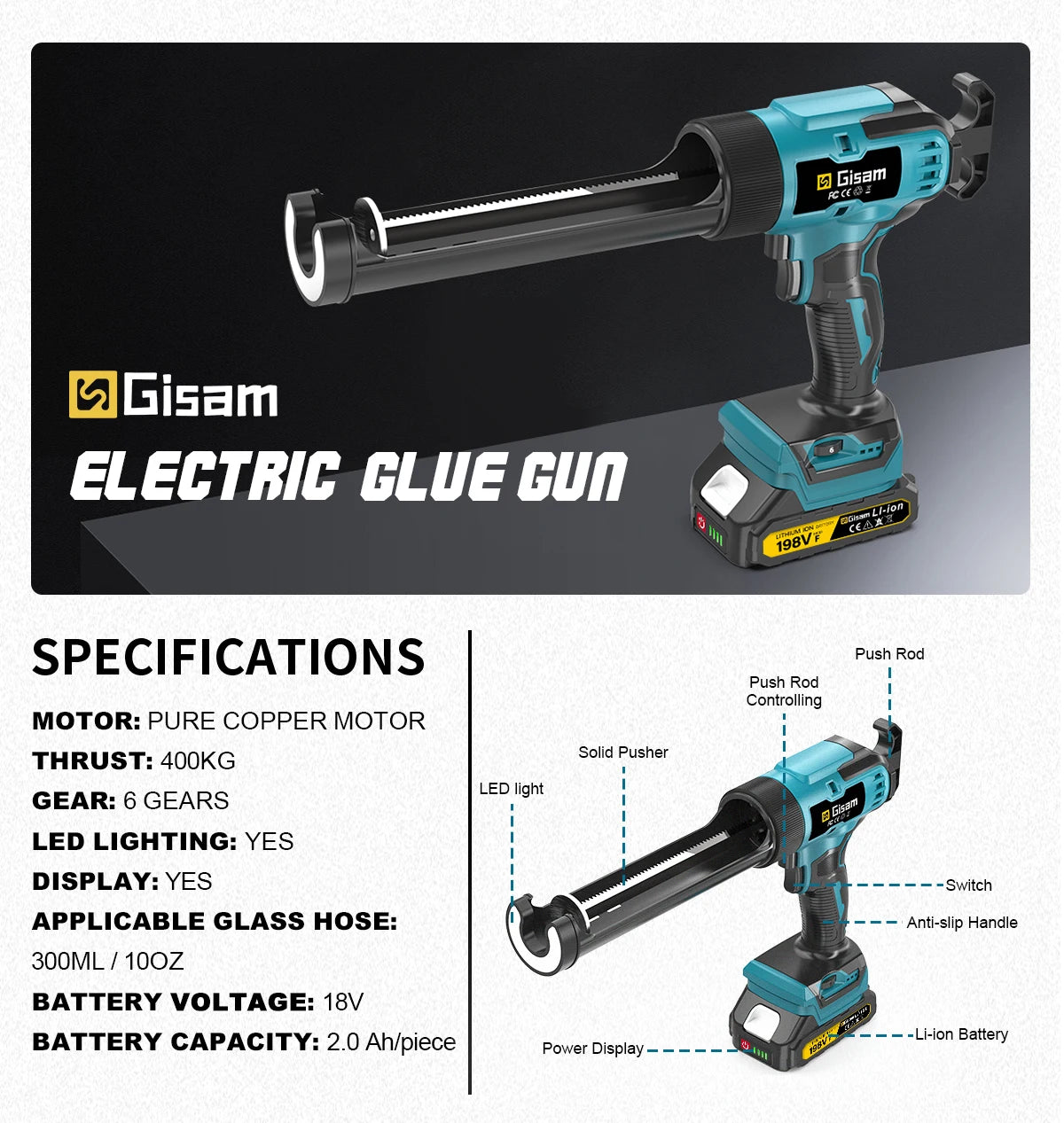 Makita Compatible 18V Gisam 400KG Cordless Electric Caulking Gun 6Gears Glass Glue Gun Adhesive Glue Sealant Power Tool For Makita 18V Battery Pin