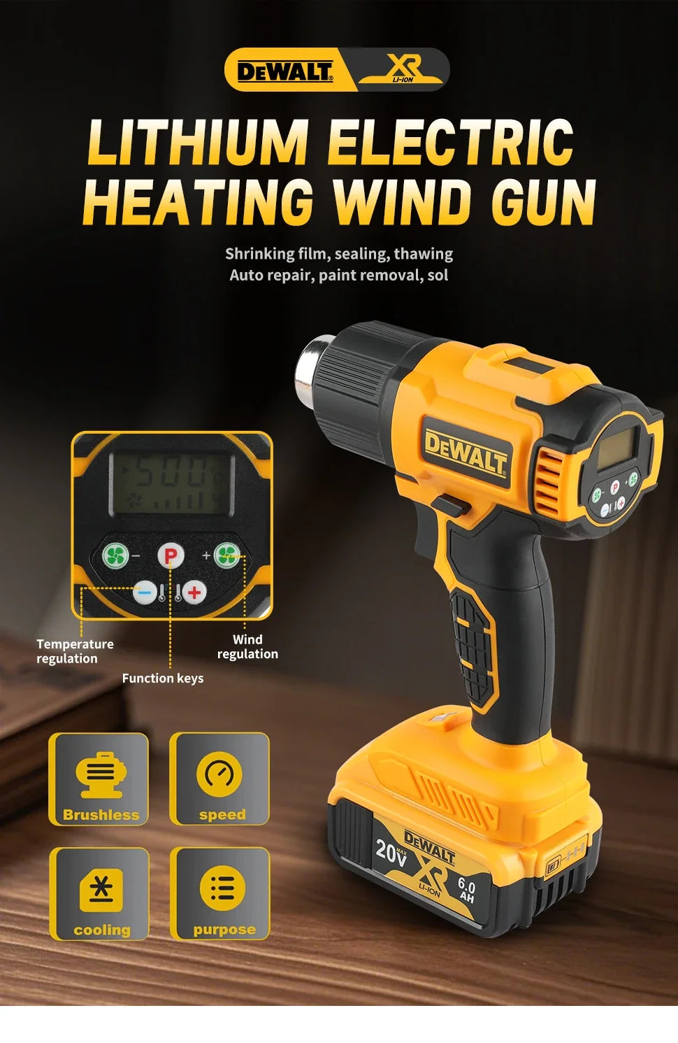 Dewalt 18V 20V MAX DCE530 Cordless Heat Gun with 6.0Ah battery, Charger and 5x attachments